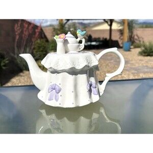 Teleflora Vintage Teapot, Tea Party,White, Purple bows & Polkas Dots, Blue Bird